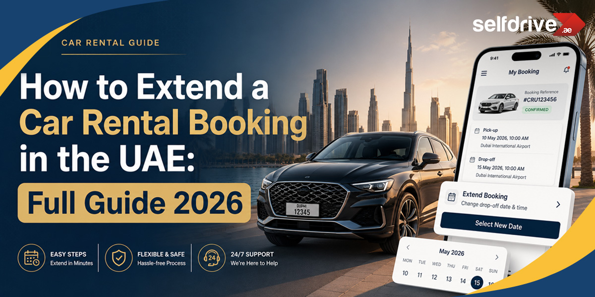 Advertisement for 'How to Extend a Car Rental Booking in the UAE: Full Guide 2026.' Features a car on a city road, a smartphone showing booking details, and icons for easy steps, safety, and 24/7 support. Background shows a UAE skyline at sunset.